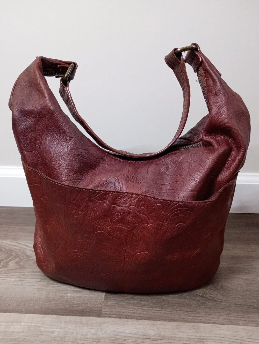 American Leather Co Classic Red Brown Floral Embossed Leather Slouchy Hobo Bag